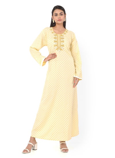 Buy FLORAL FRONT NECK EMBROIDERED WITH PRINTED YELLOW COLOUR ARABIC KAFTAN JALABIYA DRESS in Saudi Arabia