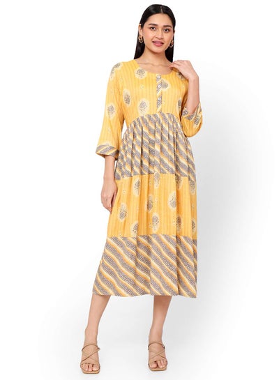 اشتري FRONT STYLED BUTTONED SOFT VISCOSE YELLOW COLOUR SHORT PRINTED CASUAL ARABIC KAFTAN JALABIYA DRESS في السعودية