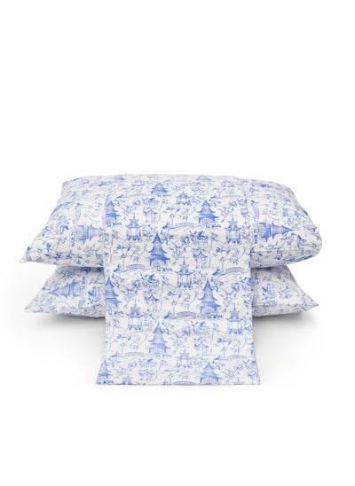 Buy Printed Bed Set - 3 Pieces for Single Bed - 1  Flat Sheet (180cm*260cm) + 2 Pillow Cases (50cm*70cm) -  100% Saten Cotton - White * Blue Houses in Egypt