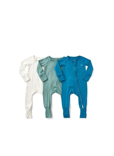 Buy Set of 3 Bamboo Spandex Zipper Sleepsuit Green/White/Blue 0-3 m in UAE