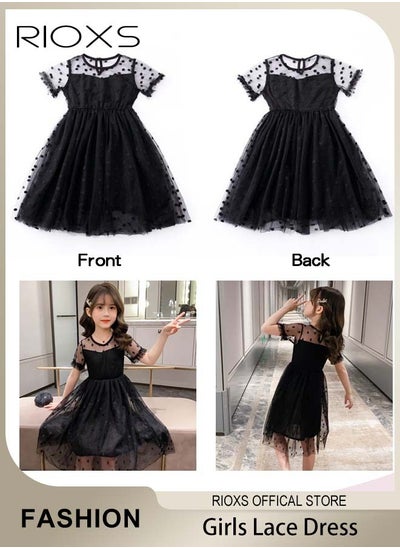 Buy Girls Short Sleeve Lace Midi Dresses Round Neck Polka Dot Dresses Casual Loose Tulle Dresses in UAE