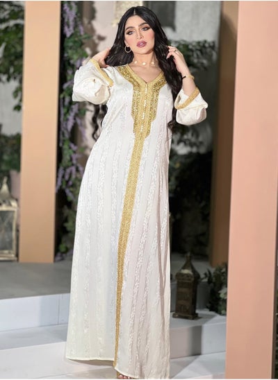 Buy New Fashion Women's Beaded Lace Long Robe Muslim White Satin Jacquard Dress in UAE