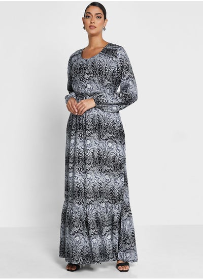 Buy Puff Sleeve Tiered Printed Jalabiya in UAE