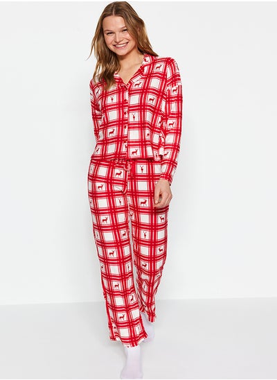 اشتري Red Deer Pattern Plaid Shirt-Pants Knitted Pajamas Set THMAW24PT00096 في مصر