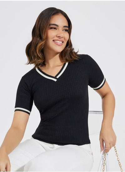 Buy Ribbed V Neck Knit Top with Striped Detail in Saudi Arabia