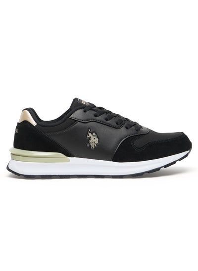 Buy Women's Black Low-Top Sneakers with Gold Heel Accent - Casual Lace-Up Design with Comfort Cushioned Sole for Everyday Style in UAE