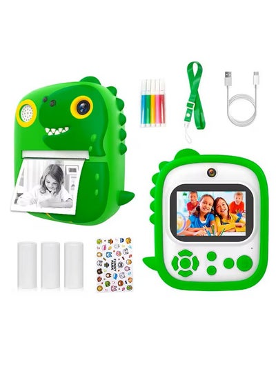 Buy Instant Print Camera For Kids P3 Thermal Printing Camera For Children 3+ years old Front Rear Camera 2.4in Screen 1080P Video 32GB Memory Card T-Rex Dinosaur (Green) in UAE