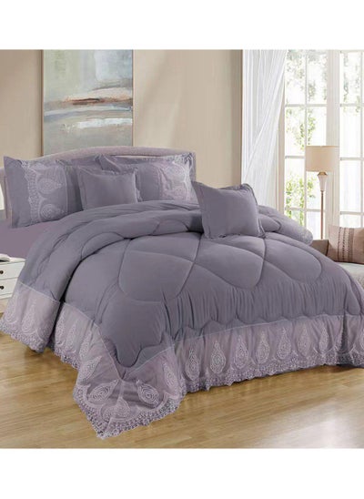 Buy COMFY 6 PC EMBROIDERY LACE COTTON SOFT KINGSIZE COMFORTER SET GREY in UAE