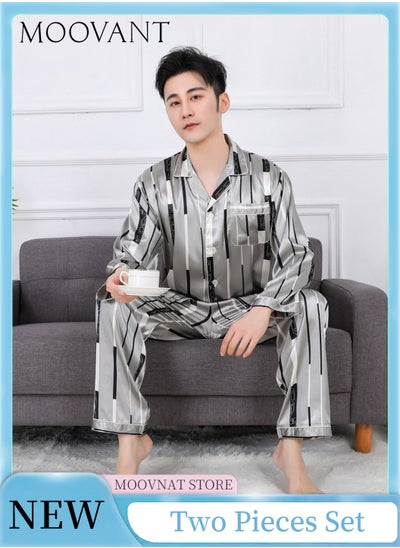 اشتري 2-Piece Pajamas Set Casual Unisex Silk Satin Long Sleeve Pants Suit Sleepwear Fashion Striped Home Wear Clothes Loungewear Grey في السعودية