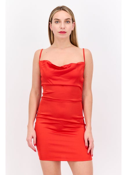 اشتري Women Petite Solid Satin Bodycon Dress, Red في السعودية