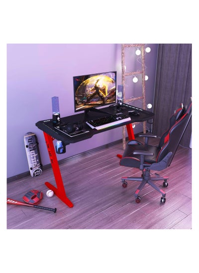 Buy Illuminated gaming table for professionals in various sizes, 120 cm with carbon fiber surface, gaming table with headphone hook and cup holder (black - red 120 cm) in Saudi Arabia