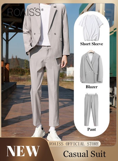 Buy Mens Suits 3 Piece Regular Slim Fit Leisure Suit for Men with Double Breasted 1 Button Notched Neck Business Casual Formal Blazers T Shirt and TrouserSet in UAE