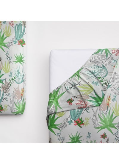 Buy 1-Piece Solid Fitted Sheet Leafy Print Single Double Queen Size Made With 100% Cotton in Saudi Arabia