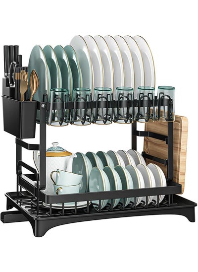 Buy 2 Tier Foldable Dish Drying Rack with Utensil Holder & Cutting Board Holder & Drainboard Tray, Rotatable Drainage System Scratch Resistant Frosted Baking Process Coatings, Large Black in UAE