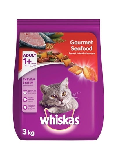 Buy Whiskas Gourmet Seafood Dry Food, 3kg Bag – Premium Nutrition with Omega 3, Taurine, and Seafood Flavor – Healthy Skin, Coat, and Energy Boost in Saudi Arabia