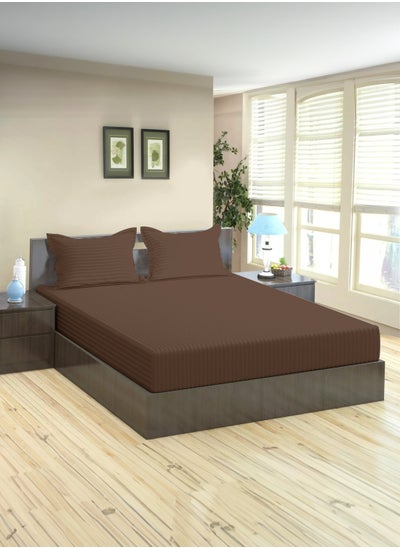 Buy King Striped Fitted Sheet with 2 Pillow Case 200 x 200 Cm Coffee Brown in UAE