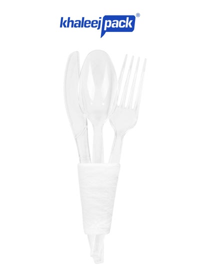 Buy KHALEEJ PACK –[50 pcs] Cutlery Set Clear Heavy Duty Table Fork – Knife – Spoon with Paper Napkin, Strong & Safe complete set for individuals. in UAE