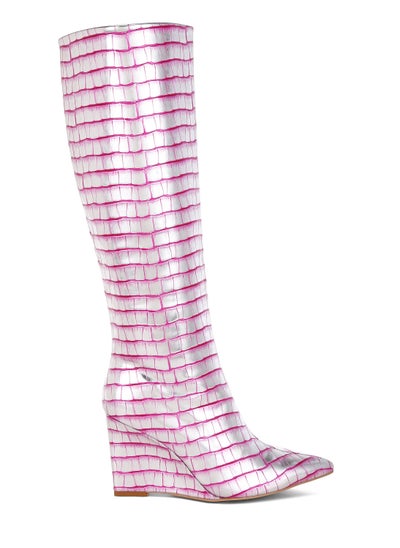 Buy Croco Metallic Long Boots in Pink in UAE