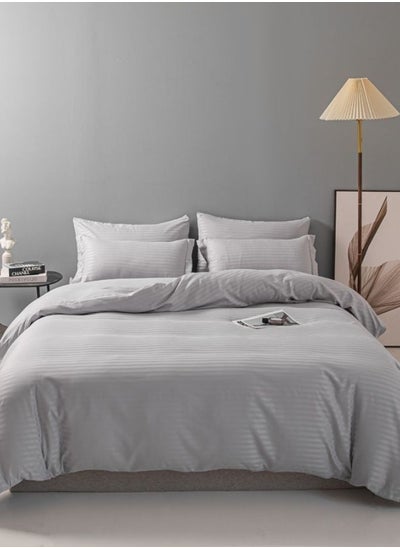 Buy Premium 6 Piece King Size Duvet Cover Satin Stripe Solid Coin Gray. in UAE