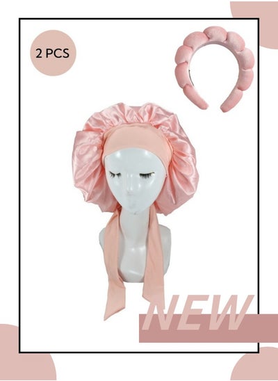 Buy Satin Bonnet for Women Tie Band Hair Bonnet for Sleeping, Layered Silk Sleeping Cap Nightcap for Sleeping, With Headband, etc 2PCS Sleep Accessory (Pink) in UAE