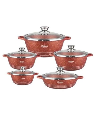 Buy Dessini 10 Piece Granite high Qality Cookware Set Brown  with Steel & Glass Lid in UAE