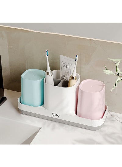 اشتري Toothbrush Holder Toothbrush Storage Box Toothbrush Holder Set 3 Toothbrush Slots and 2 Bathroom Cups, Household Tooth Cup Without Punching Holes Washroom Bathroom Desktop Toothbrush Holder في السعودية