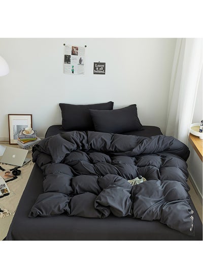 Buy Cotton Duvet Cover Set, 4 Pieces Soft Brushed Microfiber Comforter Cover with Zipper Closure, Include 1 Duvet Cover 220x240cm 1 Flat Sheet and 2 Pillowcase, King Size(Black) in Saudi Arabia