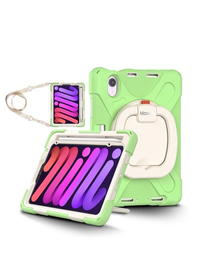 اشتري Moxedo Heavy Duty Shockproof Rugged Protective Colorful Case with 360 Rotating Kickstand, Shoulder Strap, and  Pen Holder for Kids Compatible for Apple iPad Mini 6 - Matcha Green في الامارات