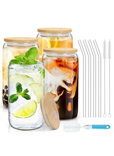 Buy Drinking Glasses with Bamboo Lids and Glass Straw 4pcs Set - 16oz Can Shaped Glass Cups, Mocktail Glasses, Iced Coffee Glasses, Cute Tumbler Cup, Ideal for Cocktail in UAE