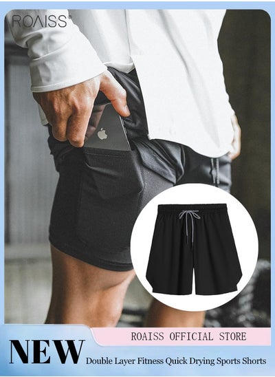 اشتري Men's Casual Beach Shorts Solid Double Layer Running Shorts Mesh Sports Shorts Drawstring Lace up Fitness Shorts في الامارات