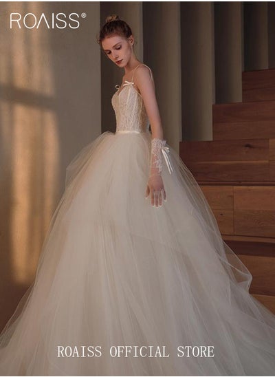 Buy Tail Wedding Dresses for Women Retro Mesh Lace Temperament Slim Fit Waisted Banquet Main Dress with Bow Design Ladies Light Bridal Welcome Gown with Double Veil and Gloves in Saudi Arabia