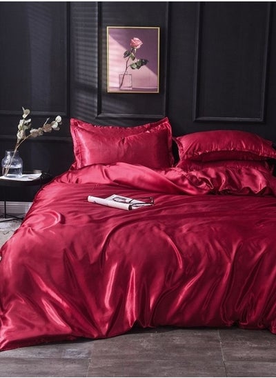 Buy Silky Satin King Size 6-Piece Bedding Set, Plain Dark red Color in UAE