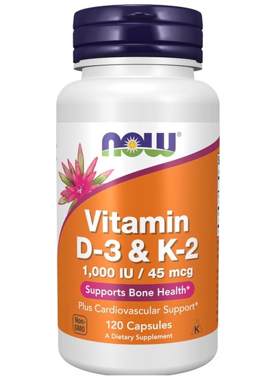 Buy NOW Supplements, Vitamin D-3 & K-2, 1,000 IU/45 mcg, Plus Cardiovascular Support*, Supports Bone Health*, 120 Veg Capsules in UAE