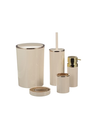 Buy 5 Pieces acrylic bathroom accessories set - 6 liter basket - liquid soap dispenser, soap holder, toilet cleaning brush, toothbrush and toothbrush holder - beige and gold in Egypt