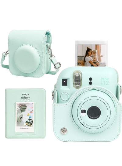 Buy Case for Fujifilm Instax Mini 12 Camera Protective PU Leather Bag Cover with Adjustable Shoulder Strap and Mini Photo Album 64 Pockets (Mint Green) in UAE