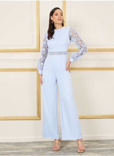 Buy Lace Detail Sleeves Waist Textured Knit Jumpsuit in Saudi Arabia