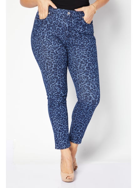 Buy Women Petite Animal Print Denim Jeans, Blue in UAE