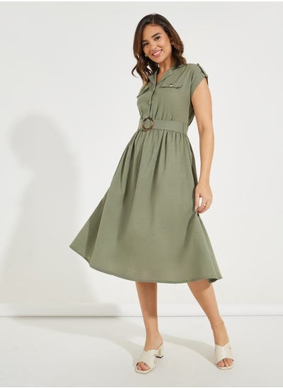 Buy Notch Collar A-Line Midi Dress with Belt in Saudi Arabia