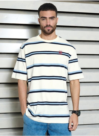 اشتري Relaxed White Striped T-Shirt for Men, Crew Neck and Casual Look في الامارات