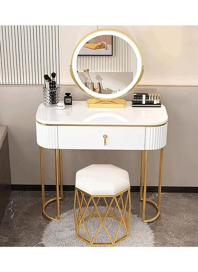 اشتري Lighted Mirror Dressing Table Bedroom Makeup Table with Drawer - Gold Makeup Vanity Mirror and Stool في الامارات