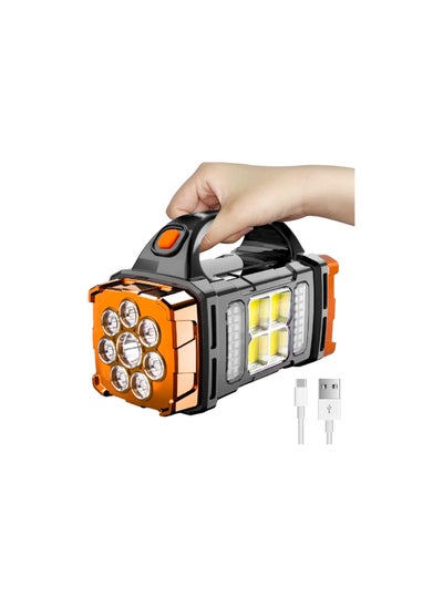 Buy Rechargeable Handheld Flashlight, High Brightness LED, Solar Panel 4 Lights 8 Modes IPX4 Waterproof Handheld Spotlight for Home Power Failure Outdoor Camping Hiking Emergency (Orange) in Egypt