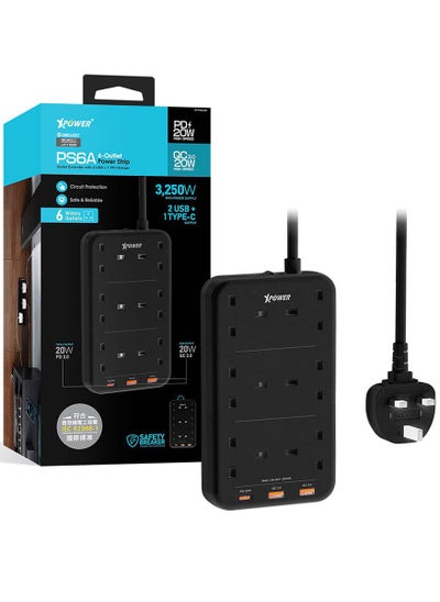 اشتري Xpower PS6A 2 in 1 PD 3.0 6 Outlet Power Strip 3,250W Max Power Supply 2 USB C + 1 Type-C output - Black في الامارات