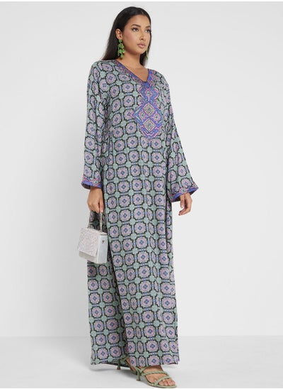 Buy Printed V-Neck Jalabiya in UAE