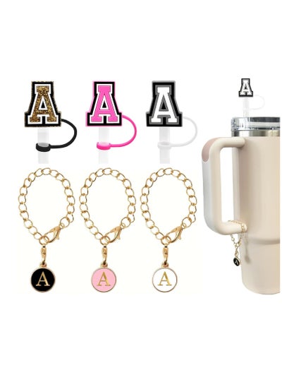 اشتري 3PCS Straw Cover 10mm For Stanley Tumbler Cup Reusable Straw Cap Topper and 3 Initial Letter Charms A Handle Charm For Stanley 30 and 40 Oz Cup Tumbler في السعودية