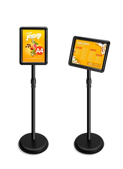 Buy A4 Sign Stand Adjustable Poster Stand Aluminum Snap Frame Menu Stand Replaceable Advertising Rack Floor Display Stands with Safety Corner and Stable Round Base (Black, A4) in UAE