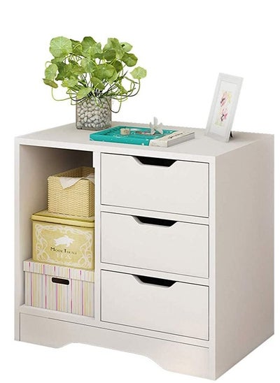 Buy Bedside Table Cabinet with 3 Drawers and Open Shelf Nightstand Sofa Table for Bedroom Living Room (Warm White) in Saudi Arabia