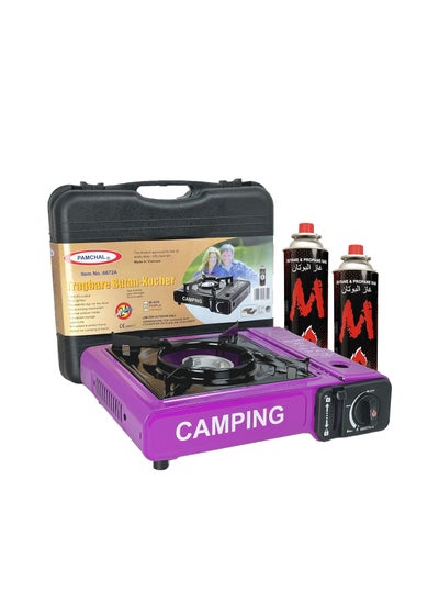 Buy Camping Stove with Box and 2-Pieces Butane Gas Cartridge Purple in UAE