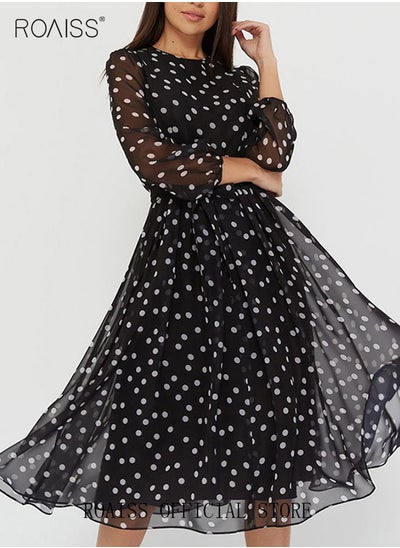 اشتري Women's Long Sleeve Chiffon Dress Printed Fashion Lace Polka Dot Dress Spring Summer Drawstring Waist Midi Dress for Casual Party Black في الامارات