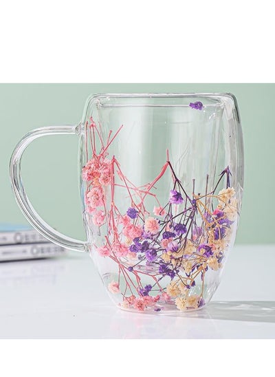 اشتري Double Walled Glass Hot and Cold Coffee Mug with Handle and Dried Flower Heat-Isolated 300ml Capacity Tea Cup Summer Winter Drinkware Birthday Gifts for Wife and Mother في الامارات