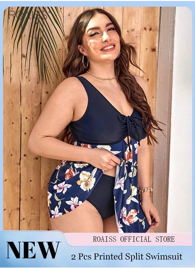 اشتري 2-Piece Women Plus Size Swimsuit Classic V-Neck Adjustable Drawstring Sleeveless Dress Printed Pleated A-Line Hem High Waisted Stretch Swimsuit في الامارات